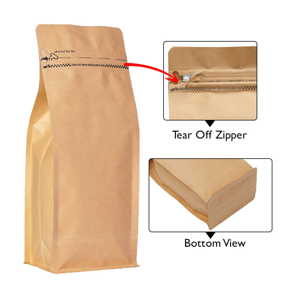 Brown Paper Flat Bottom Pouches Tear Off Zipper