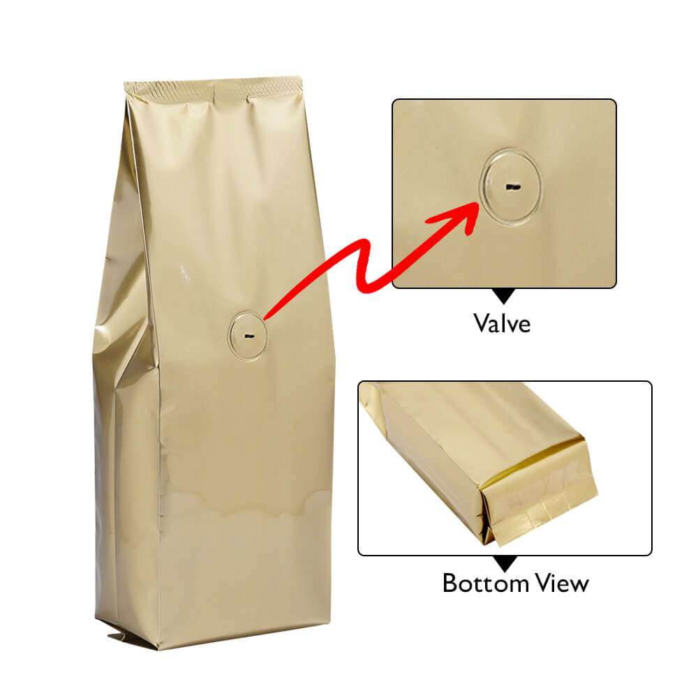 Side gusset bag with valve