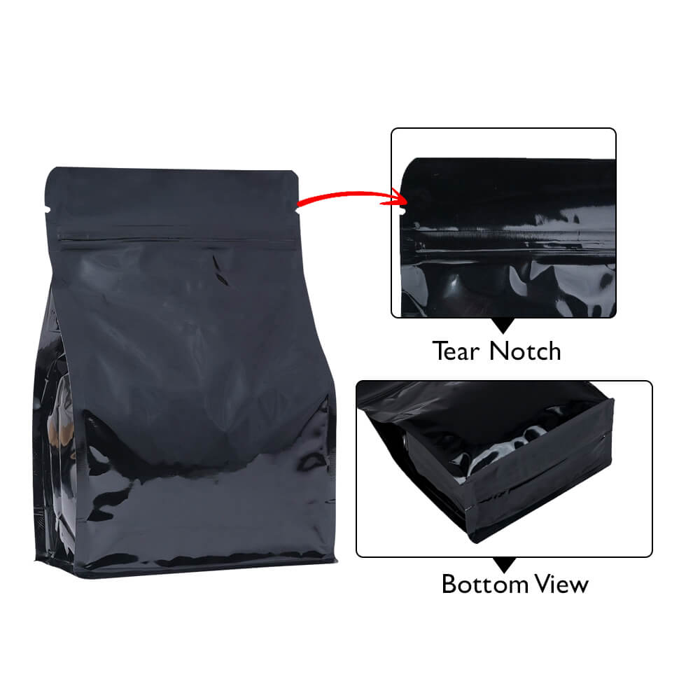 Shiny Black Flat Bottom Pouches With Normal Zipper