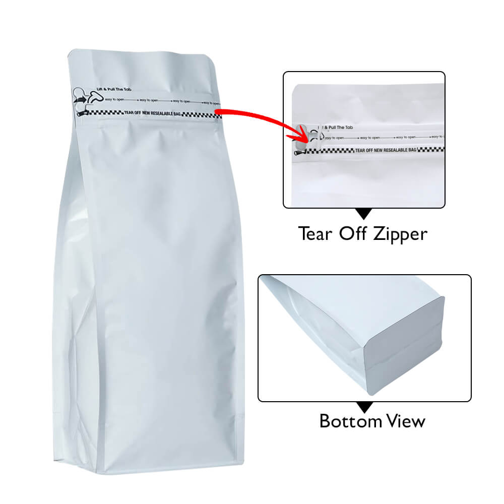Flat bottom pouches with tear off zipper