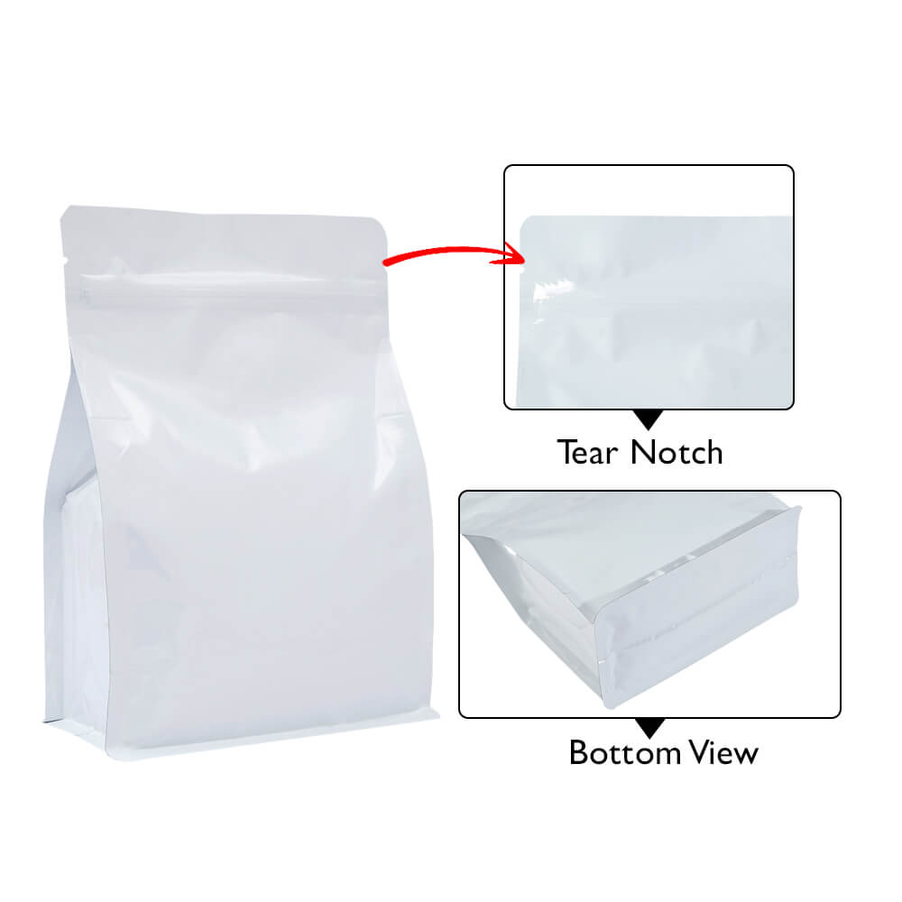 Shiny White Flat Bottom Pouches With Normal Zipper